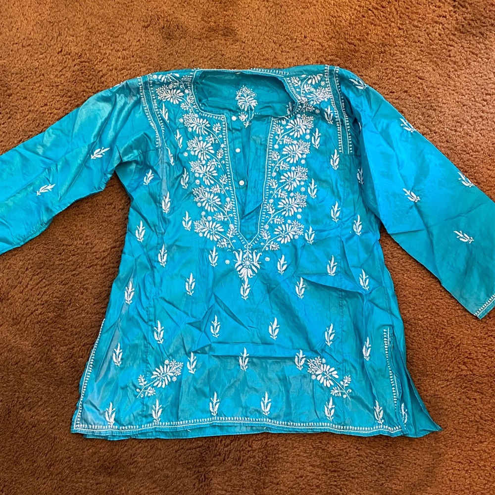 Indian Boho Hippie Blue Pure Silk Top Blouse Tunic